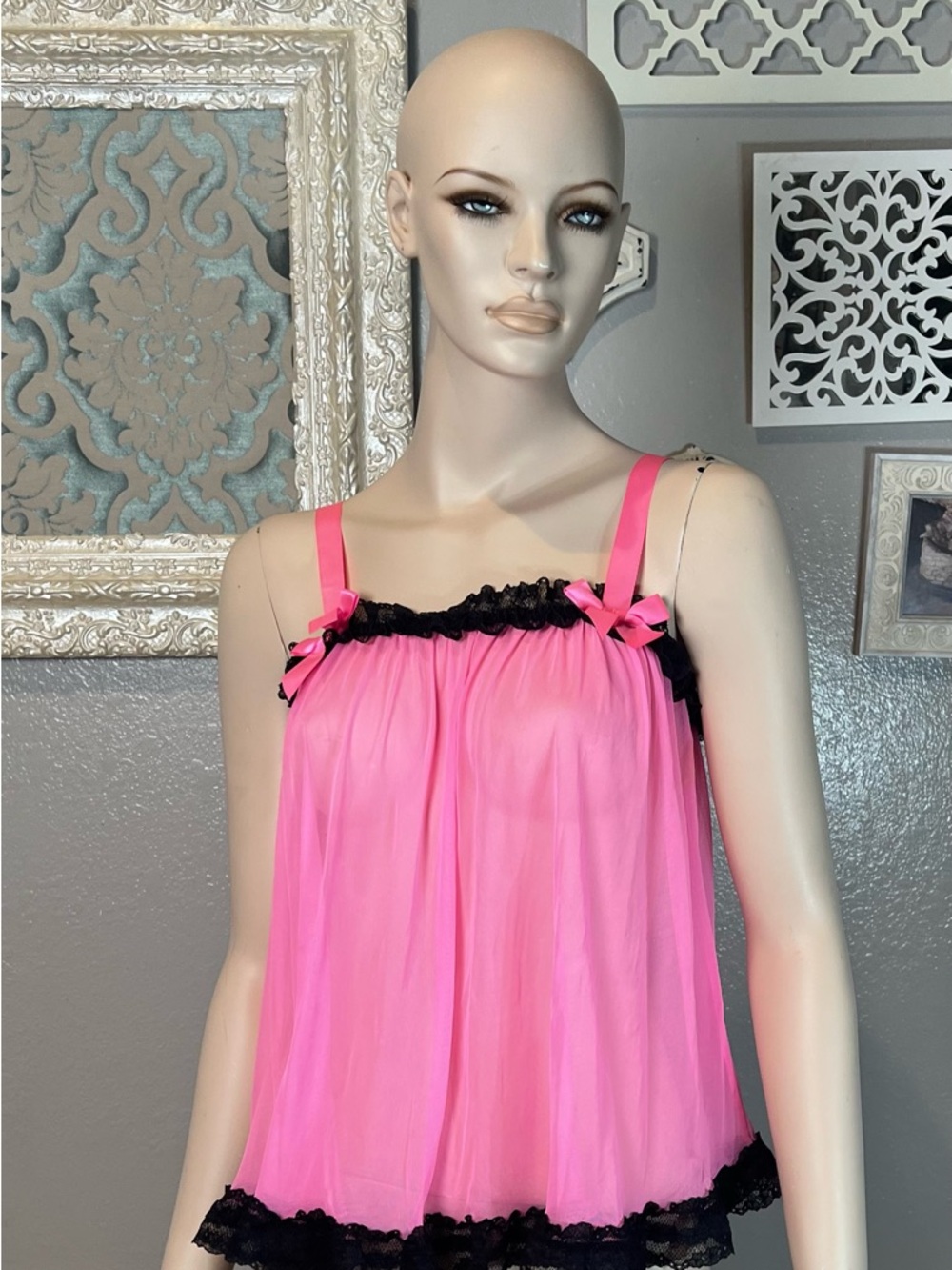 Victoria’s Secret Pink Babydoll Chemise with Black Lace Trim - Picture 4 of 11